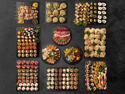 Сет 7. Канапе + Рулетики + Тарталетки + Сладкое + Горячие закуски + Нарезки (229 шт. + 3 тарелки нарезки на 30-40 гостей)