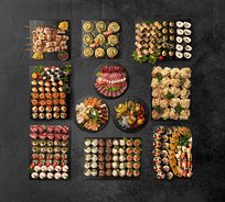 Сет 7. Канапе + Рулетики + Тарталетки + Сладкое + Горячие закуски + Нарезки (229 шт. + 3 тарелки нарезки на 30-40 гостей)